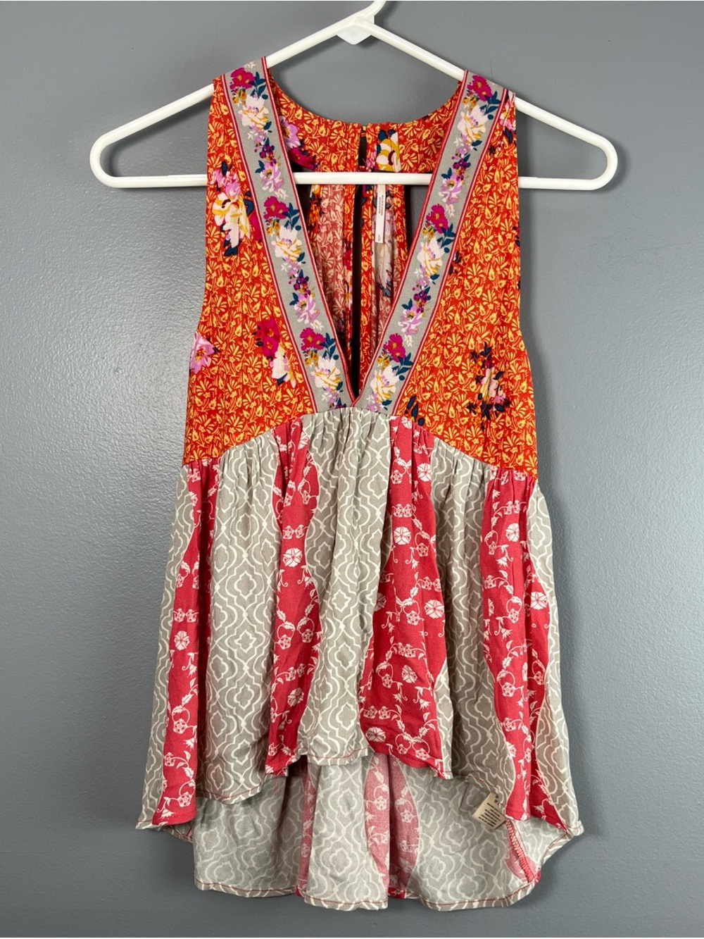 Free People Girls' Mixed Floral Patchwork V-Neck Dress in Orange, Red & Cream